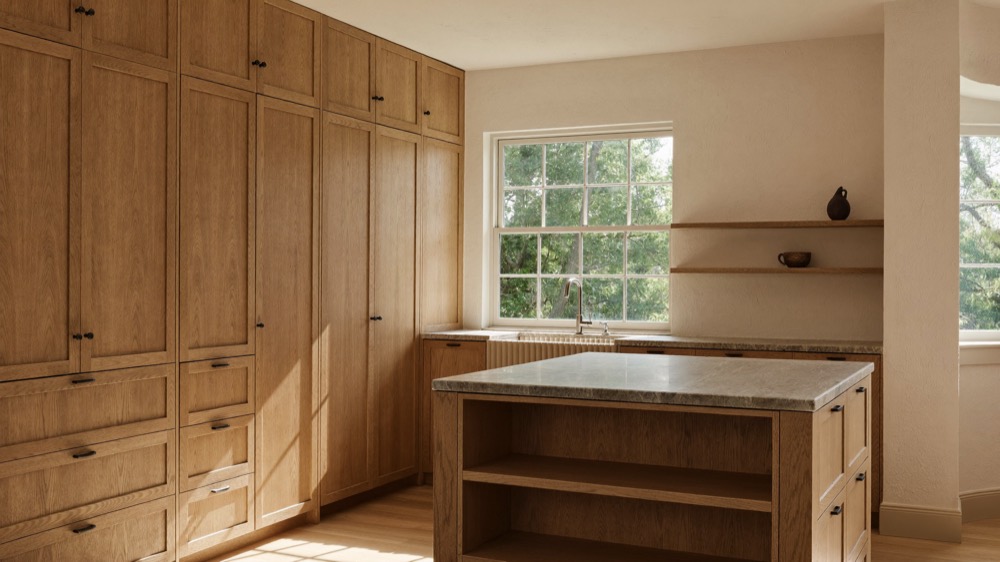 A full-height wall of white oak cabinetry beside an oak island with open shelves